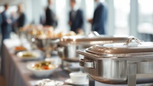 elegantes buffet mit edelstahl chafing dishes bei business event