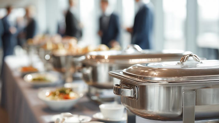 elegantes buffet mit edelstahl chafing dishes bei business event
